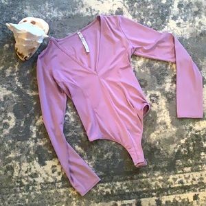 Free People Lilac Long Sleeve Plunge Bodysuit